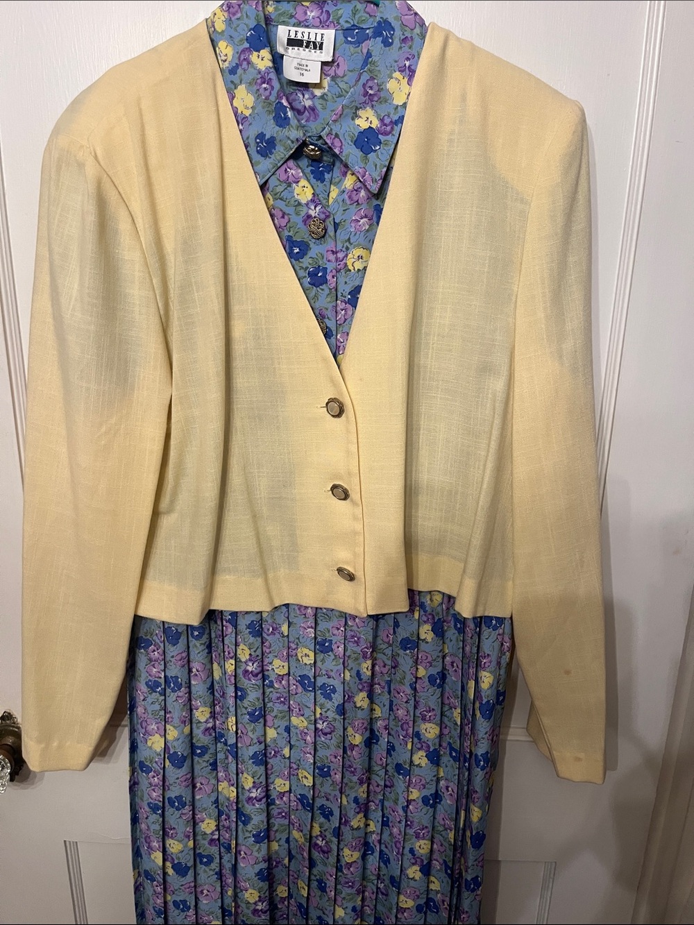 Leslie Fay Pale Yellow Cropped Jacket with Blue Floral Pleated Dress